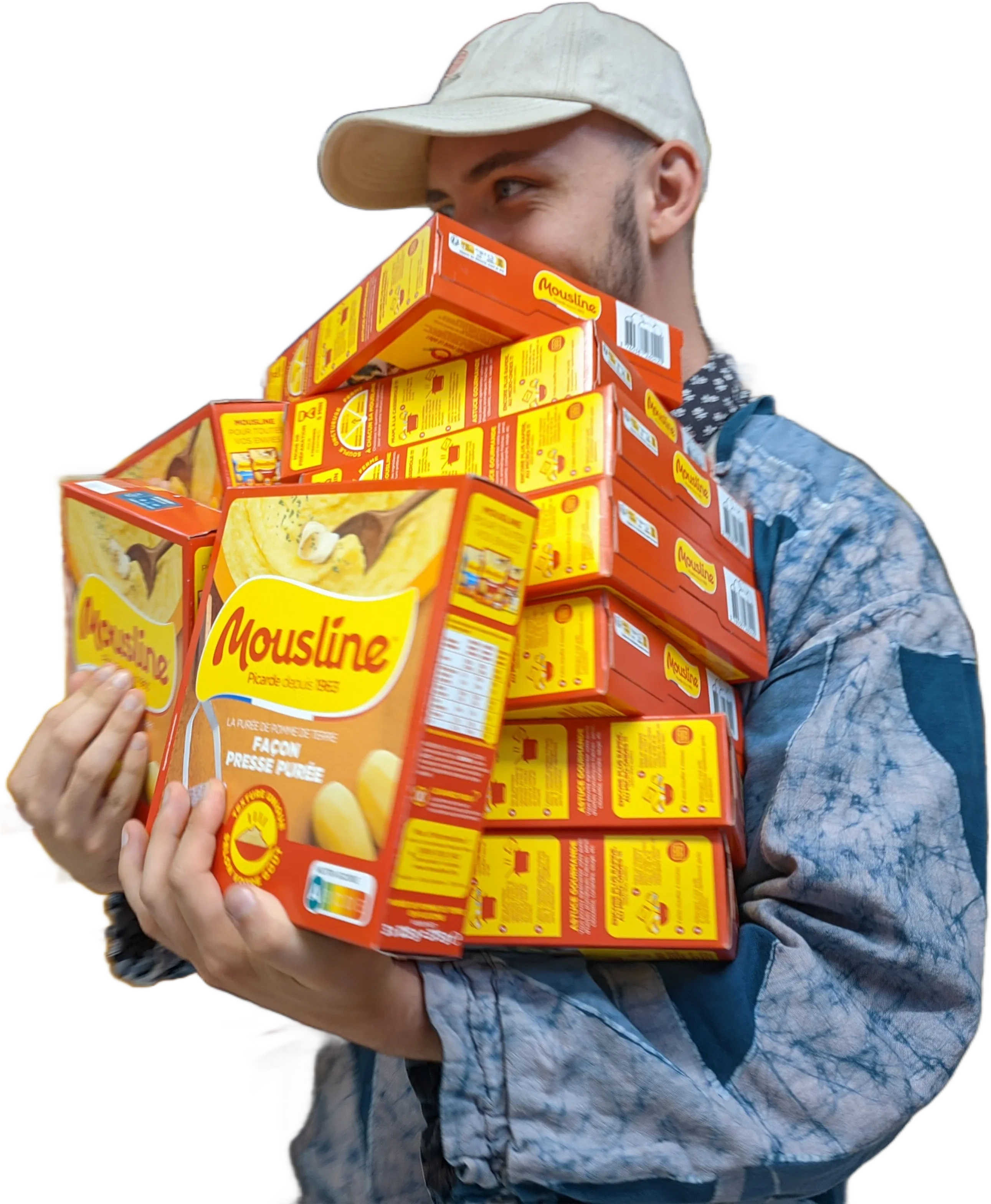Photo de moi tenant une montagne de paquets de Mousline